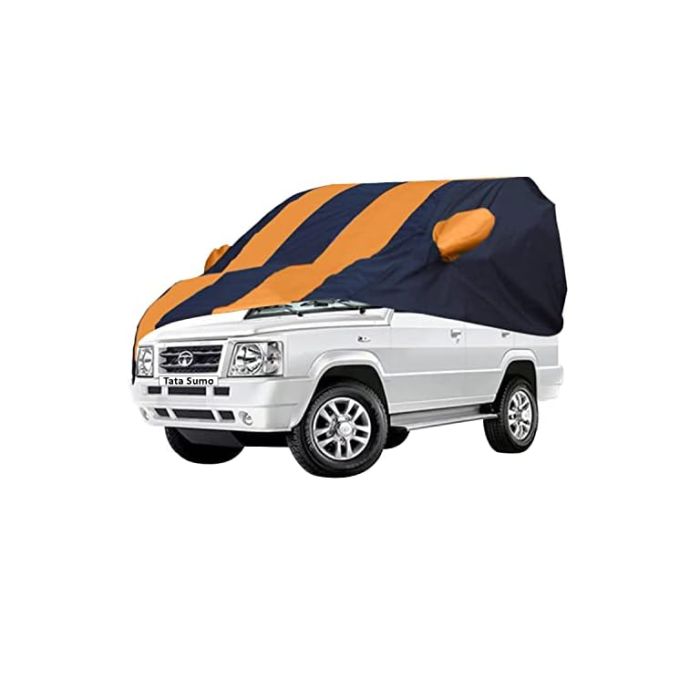 Allextreme TSZ5003 Car Body Cover Compatible with Tata Sumo Custom Fit Dustproof UV Heat Resistant Indoor Outdoor Body Protection (Navy Blue & Orange with Mirror)