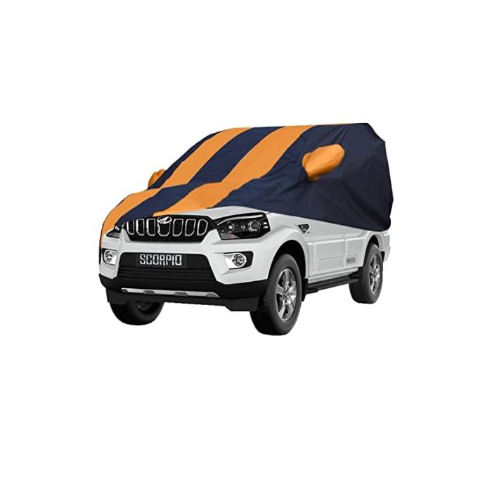 Allextreme MSZ5003 Car Body Cover Compatible with Mahindra Scorpio Custom Fit Dustproof UV Heat Resistant Indoor Outdoor Body Protection (Navy Blue & Orange with Mirror)