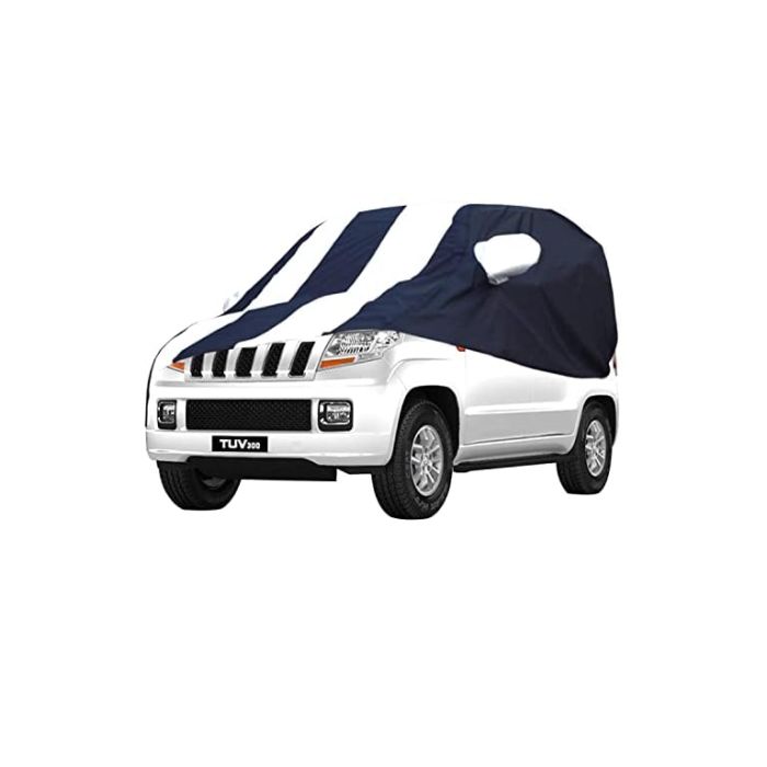 Allextreme MTZ5005 Car Body Cover Compatible with Mahindra TUV300 Custom Fit Dustproof UV Heat Resistant Indoor Outdoor Body Protection (Navy Blue & White with Mirror)