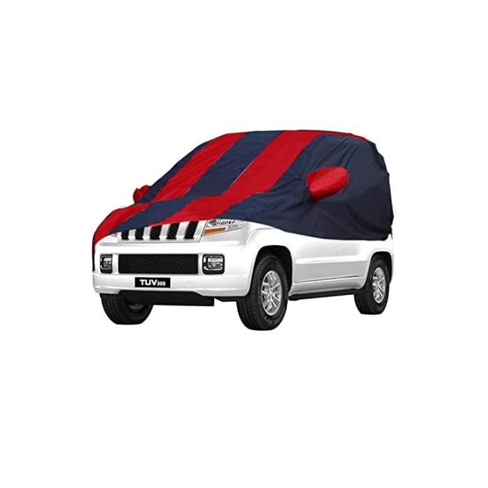 Allextreme MTZ5004 Car Body Cover Compatible with Mahindra TUV300 Custom Fit Dustproof UV Heat Resistant Indoor Outdoor Body Protection (Navy Blue & Red with Mirror)