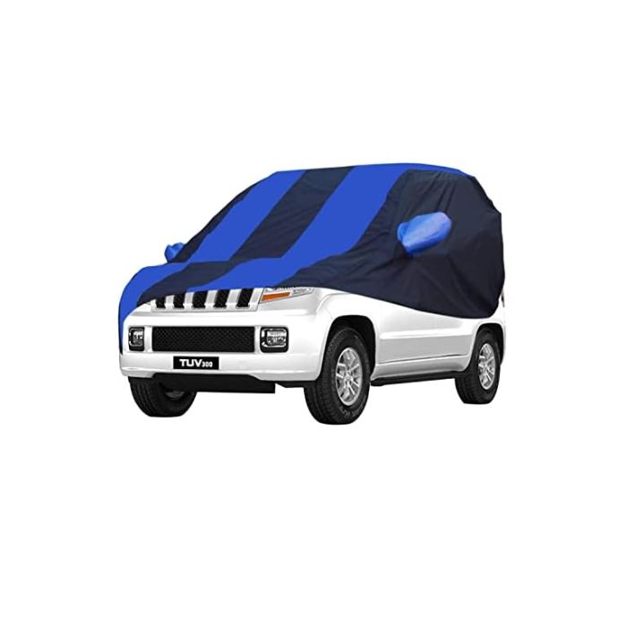 Allextreme MTZ5002 Car Body Cover Compatible with Mahindra TUV300 Custom Fit Dustproof UV Heat Resistant Indoor Outdoor Body Protection (Navy Blue & Blue with Mirror)