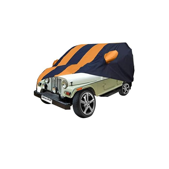 Allextreme MMZ5003 Car Body Cover Compatible with Mahindra Marshal Custom Fit Dustproof UV Heat Resistant Indoor Outdoor Body Protection (Navy Blue & Orange with Mirror)