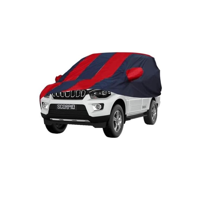 Allextreme MSZ5004 Car Body Cover Compatible with Mahindra Scorpio Custom Fit Dustproof UV Heat Resistant Indoor Outdoor Body Protection (Navy Blue & Red with Mirror)
