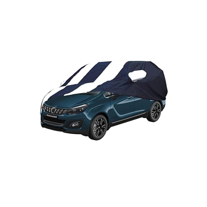 Allextreme RMZ5005 Car Body Cover Compatible with Mahindra Marazzo Custom Fit Dustproof UV Heat Resistant Indoor Outdoor Body Protection (Navy Blue & White with Mirror)
