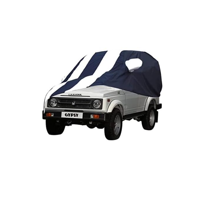 Allextreme MGZ5005 Car Body Cover Compatible with Maruti Suzuki Gypsy Custom Fit Dustproof UV Heat Resistant Indoor Outdoor Body Protection (Navy Blue & White with Mirror)