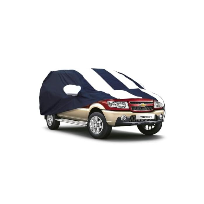 Allextreme CTZ5005 Car Body Cover Compatible with Chevrolet Tavera Custom Fit Dustproof UV Heat Resistant Indoor Outdoor Body Protection (Navy Blue & White with Mirror)