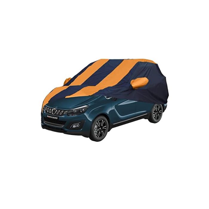 Allextreme RMZ5003 Car Body Cover Compatible with Mahindra Marazzo Custom Fit Dustproof UV Heat Resistant Indoor Outdoor Body Protection (Navy Blue & Orange with Mirror)