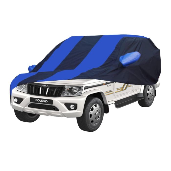 Allextreme MBZ5002 Car Body Cover Compatible with Mahindra Bolero Custom Fit Dustproof UV Heat Resistant Indoor Outdoor Body Protection (Navy Blue & Blue with Mirror)