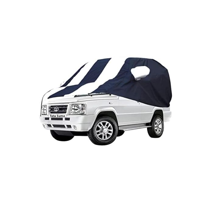 Allextreme TSZ5005 Car Body Cover Compatible with Tata Sumo Custom Fit Dustproof UV Heat Resistant Indoor Outdoor Body Protection (Navy Blue & White with Mirror)
