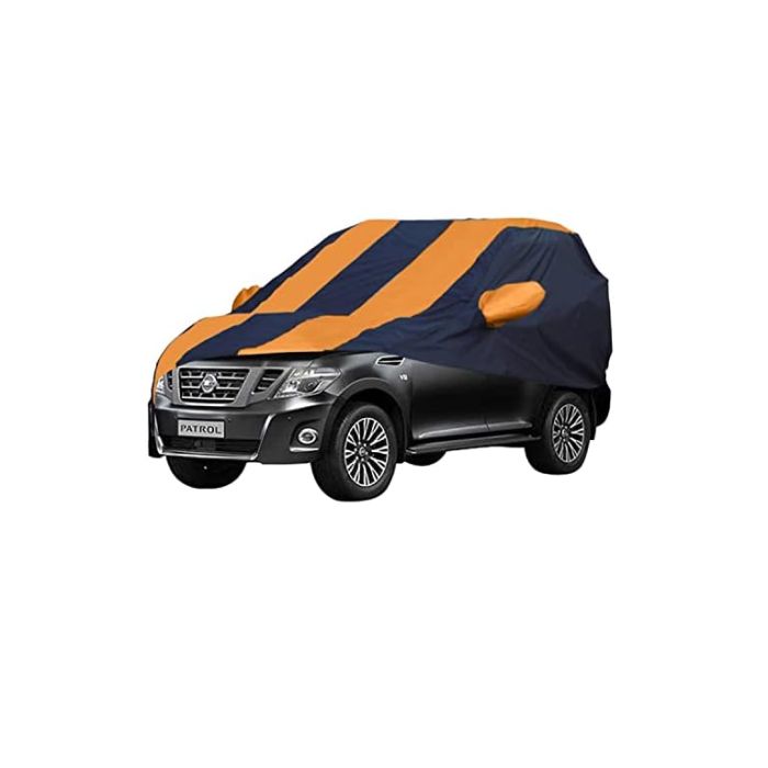 Allextreme NPY5003 Car Body Cover Compatible with Nissan Petrol Custom Fit Dustproof UV Heat Resistant Indoor Outdoor Body Protection (Navy Blue & Orange with Mirror)