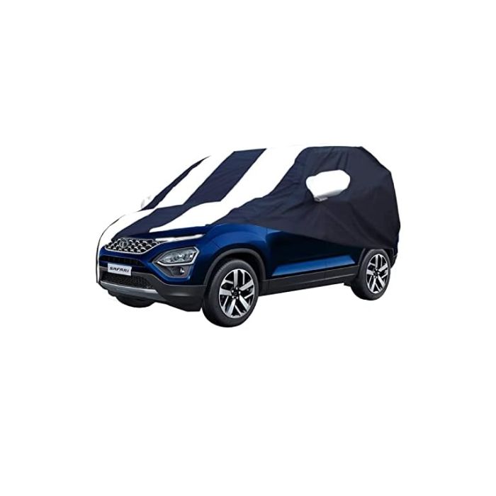 Allextreme TSY5005 Car Body Cover Compatible with Tata Safari Custom Fit Dustproof UV Heat Resistant Indoor Outdoor Body Protection (Navy Blue & White with Mirror)