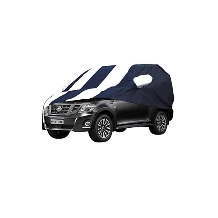 Allextreme NPY5005 Car Body Cover Compatible with Nissan Petrol Custom Fit Dustproof UV Heat Resistant Indoor Outdoor Body Protection (Navy Blue & White with Mirror)