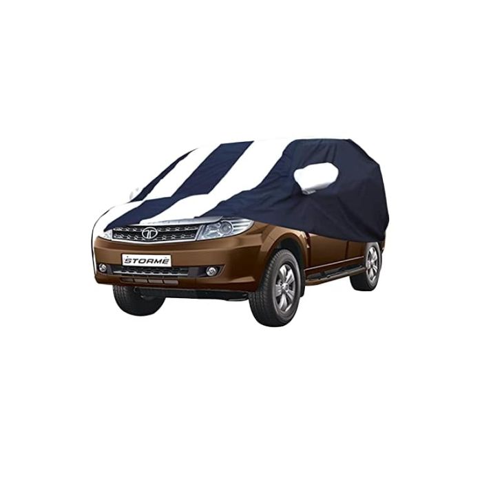Allextreme TRY5005 Car Body Cover Compatible with Tata Safari Storme Custom Fit Dustproof UV Heat Resistant Indoor Outdoor Body Protection (Navy Blue & White with Mirror)