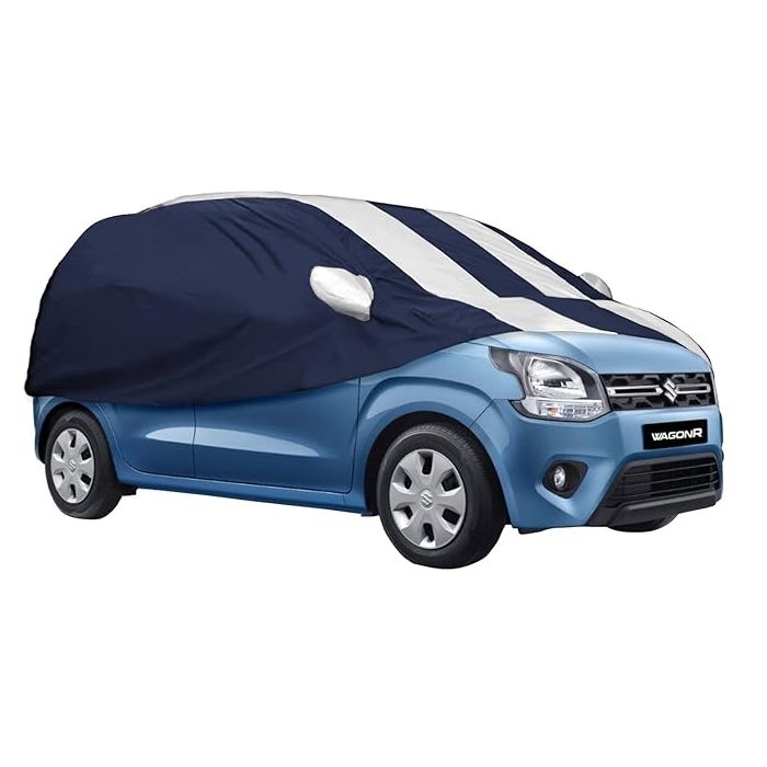 Allextreme MWB5005 Car Body Cover Compatible with Maruti Suzuki Wagon R 19-21 Custom Fit Dustproof UV Heat Resistant Indoor Outdoor Body Protection (Navy Blue & White with Mirror)