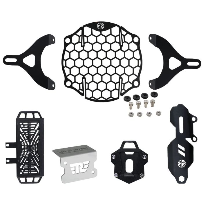 AllExtreme EXTD05 Headlight Grill Set Combo Pack with Protective Cover for Motorcycle Parts - Rear Master Cylinder, Headlight, Side stand Base Extender & Radiator (Black)