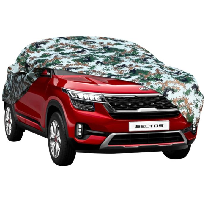 AllExtreme KSP5007 Car Body Cover 100% Waterproof Compatible with Kia Seltos Custom Fit Dust UV Heat Resistant Indoor Outdoor Body Protection (Army Print with Mirror)