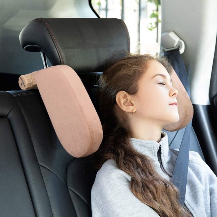 AllExtreme EXA05BG Adjustable Car Seat Headrest Mountable Head Neck Support Travel-Friendly Design Suitable for Kids & Adults (Beige)