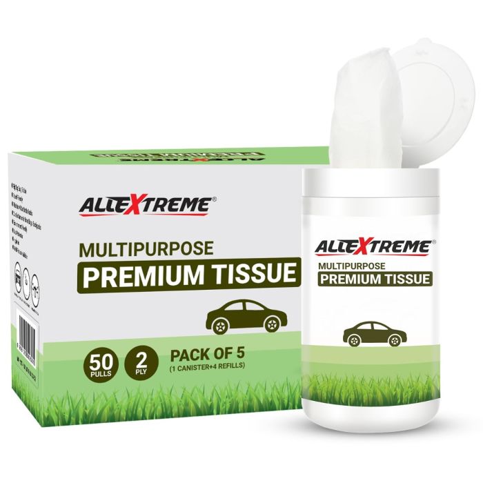 AllExtreme Portable Multi Purpose Tissues Cup Holder Cylinder Tissue Box Napkin Case 50 Pulls for car Home & Travel - (Pack of 5, 1 Canister -Including Tissues + 4 Refills)