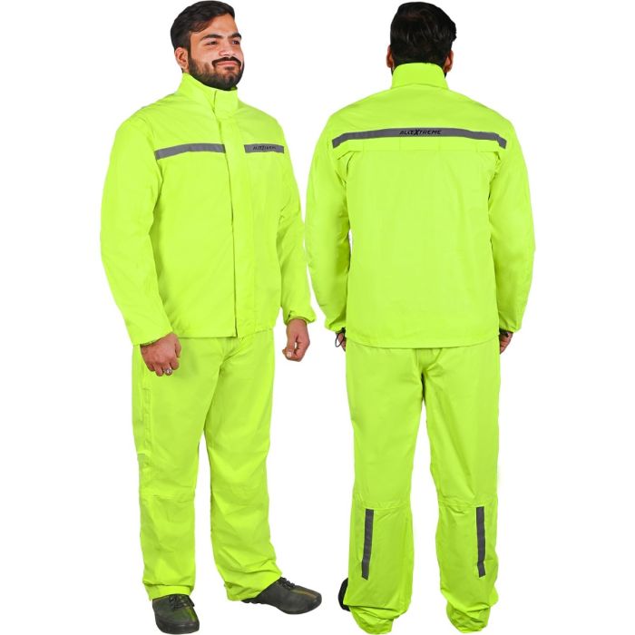 Allextreme Riding Jacket Rain Suit Cover with Pant PU Coated Polyester Fabric Waterproof Biker Rainwear with Full Sleeves for Men's Rider Protection Raincoat (M, Neon Green)