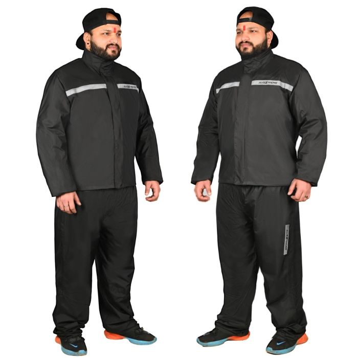 Allextreme Riding Jacket Rain Suit Cover with Pant PU Coated Polyester Fabric Waterproof Biker Rainwear with Full Sleeves for Men's Rider Protection Raincoat (S, Black/Grey)