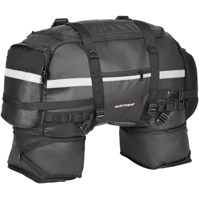 AllExtreme 65L Waterproof Tail Bag Universal Rear Carrier Polyester Saddle Bag with Rain Cover and Expandable Multi Compartment Bags for All Sports Street Bikes Motorcycles (1 Pc, Black)