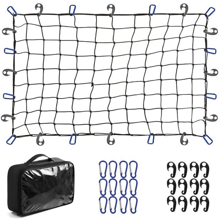 Allextreme Heavy Duty Strong Cargo Net Bungee Cord Roof Rack Luggage Holder Strap Elastic Storage Mesh Rope Container Straps with ABS and D Hooks for Holding Bags