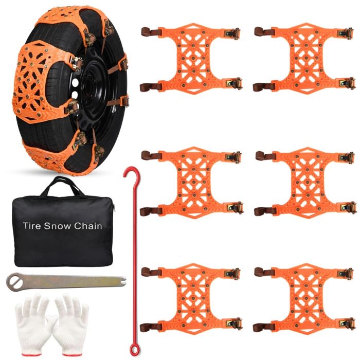 Allextreme 14” Anti-Slip Car Tyre Chain Universal Emergency 13 Nail Anti-Skid Belt Snow & Off-Roading Traction Parts with Storage Bag Chain Hooks and Gloves for Cars SUV Bike (Orange, Set of 6)