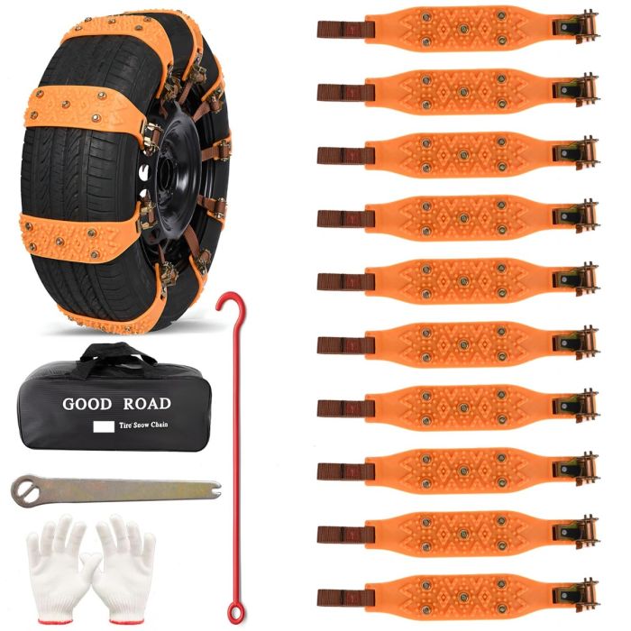 AllExtreme 14.5” Anti-Slip Car Tyre Chain Universal Emergency 5 Nail Anti-Skid Belt Snow & Off-Roading Traction Parts with Storage Bag Chain Hooks and Gloves for Cars SUV Bike (Orange, Pack of 10)