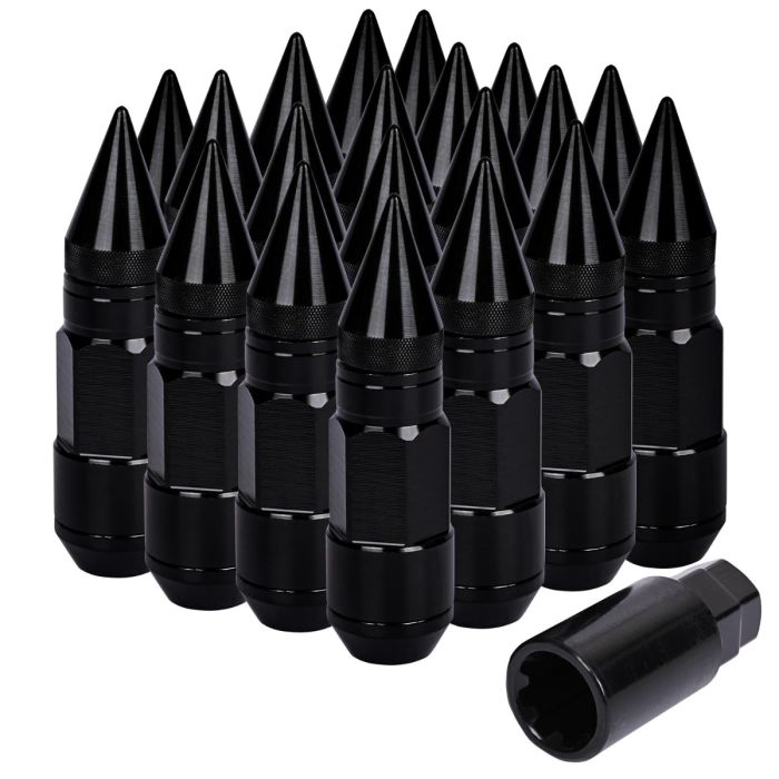 AllExtreme M12x1.5mm Wheel Nuts Close End Steel Aluminum Alloy Extended Lug Nut Set with Spike & Key for Cars Wheels Tyres (20Pcs, Black Colour)