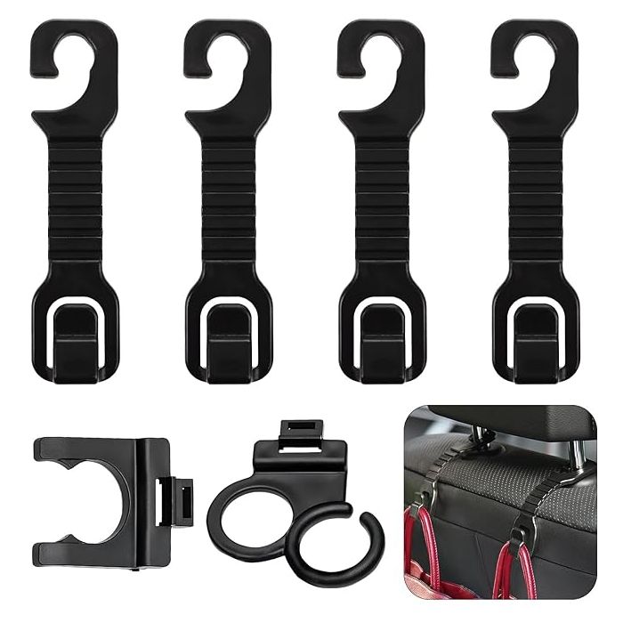 Allextreme Car Backseat Headrest Hook Over The Seat Storage Hanger Universal Durable Organiser Space Saver for Handbag Coat Purse Grocery Bags (Black, Pack of 4)