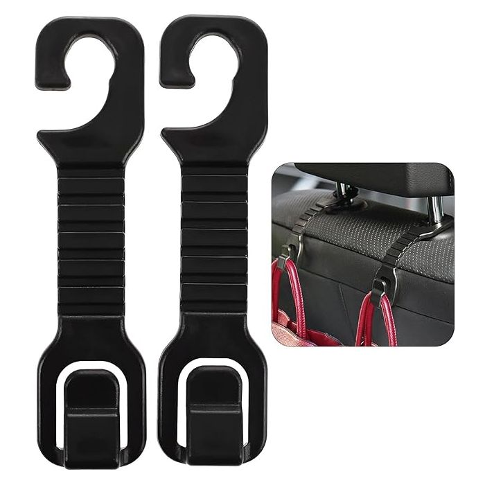 Allextreme Car Backseat Headrest Hook Over The Seat Storage Hanger Universal Durable Organiser Space Saver for Handbag Coat Purse Grocery Bags (Black, Pack of 2)