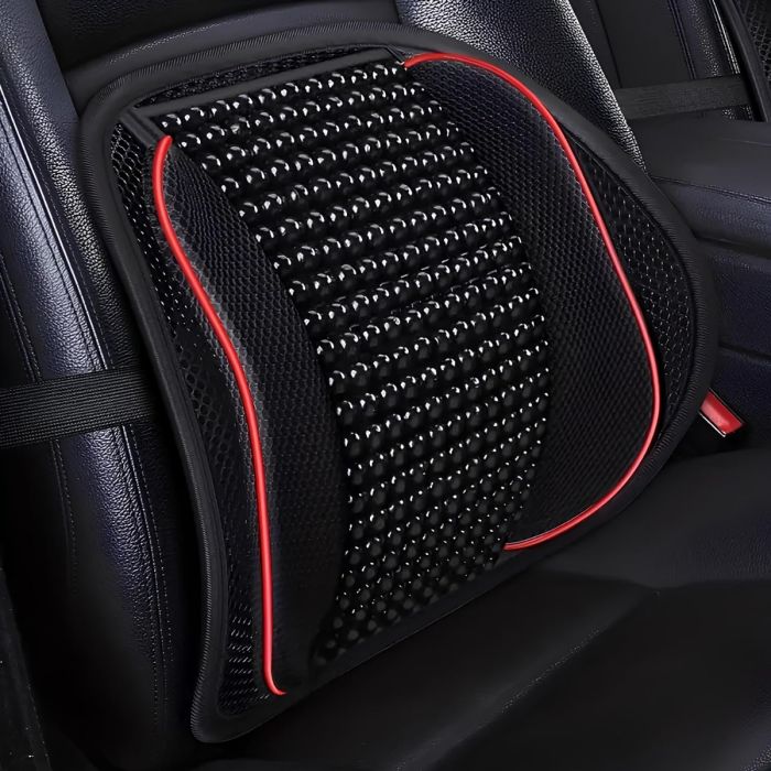 Allextreme Mesh Ventilation Car Back Rest with Wooden Bead and Elastic Belt Lumbar Support Front Rear Breathable Comfort Universal Cushion Pad for Driving Home Office Chair (Red & Black)