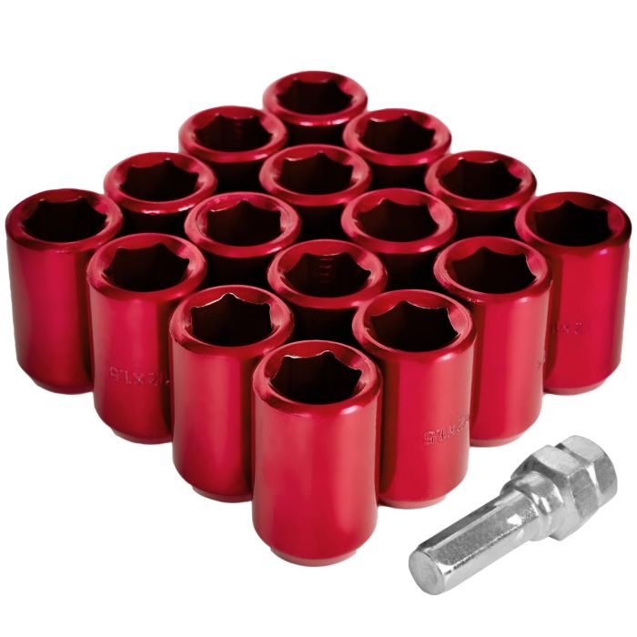 AllExtreme M12x1.5mm Wheel Nuts Open End Steel Aluminum Alloy Extended Lug Nut Set with Key for Cars Wheels Tyres (16Pcs, Red Colour)