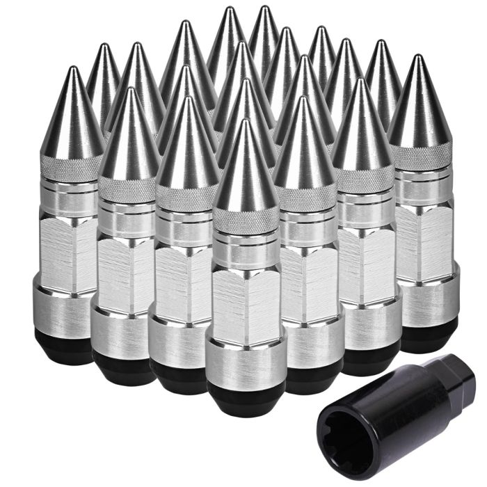 AllExtreme M12x1.5mm Wheel Nuts Close End Steel Aluminum Alloy Extended Lug Nut Set with Spike & Key for Cars Wheels Tyres (20Pcs, Silver Colour)