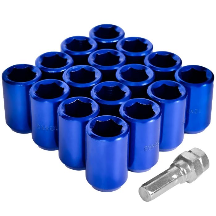 AllExtreme M12x1.5mm Wheel Nuts Open End Steel Aluminum Alloy Extended Lug Nut Set with Key for Cars Wheels Tyres (16Pcs, Blue Colour)