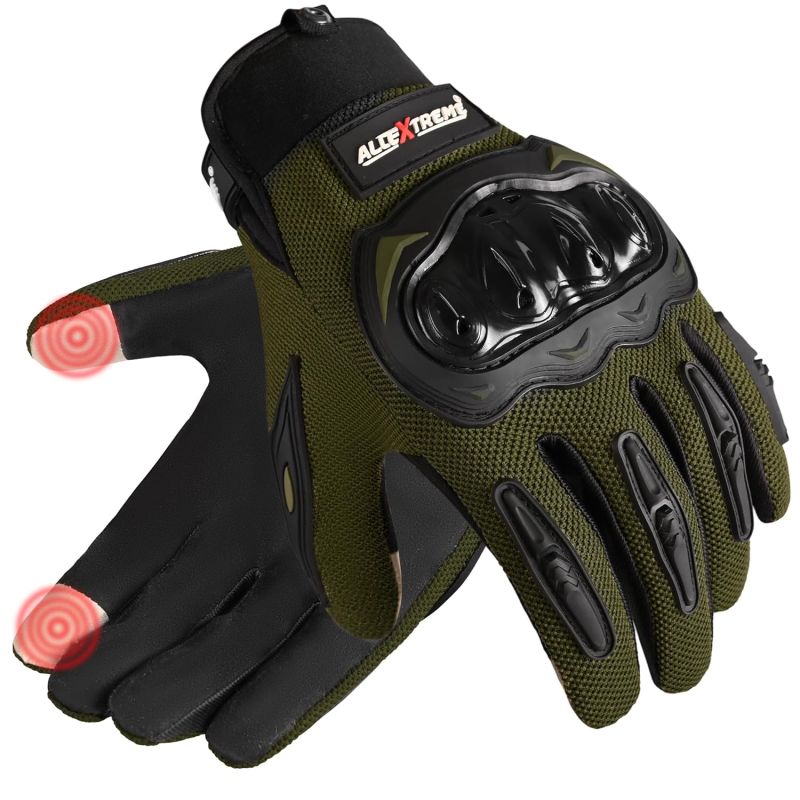 Allextreme Full Finger Bike Riding Gloves with Screen Touch Strong Knuckle Protective Shells Anti-Skid Surface Breathable Mesh Material Glove for Motorcycle Cycling Mountaineering (Black & Green, XL)