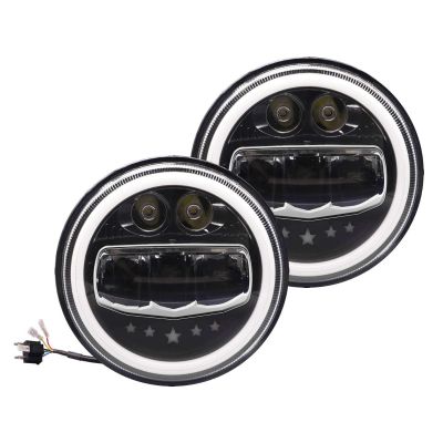 Allextreme EX7WH02 75W Full Ring Round White LED Headlight 7 Inch Hi/Low Beam Angel Eye Lamp Compatible with Bullet/Harley Davidson/Jeep Wrangler (White & Yellow, Pack of 2)