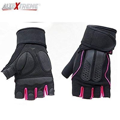 Allextreme Multipurpose Gym and Bike Wrist Half Finger Gloves for Fitness Weightlifting Exercise Sport Cycling (Pink_Large)