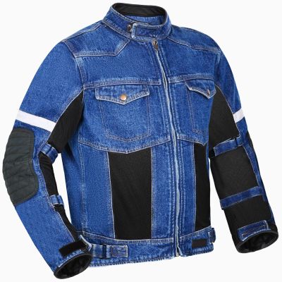 AllExtreme Denim Bike Riding Jacket CE Level 2 Protector Racer Armour with Night Visibility Sticker Shoulder Back Elbow Protection Abrasion Resistance Motorcycle Biker Gear for Men (L, Blue)