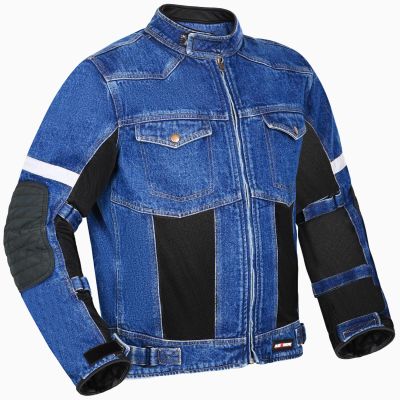 AllExtreme Denim Bike Riding Jacket CE Level 2 Protector Racer Armour with Night Visibility Sticker Shoulder Back Elbow Protection Abrasion Resistance Motorcycle Biker Gear for Men (M, Blue)