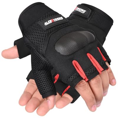 Allextreme Half Finger Riding Gloves for Bikers Strong Knuckle Protection Anti-Skid Palm Grip & Breathable Mesh Bike Hand Glove for Motorcycle Cycling Hiking Climbing Mountaineering (Black Red, XL)