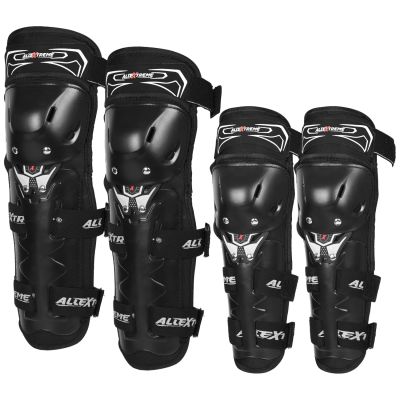 Allextreme Knee and Elbow Pads with Adjustable Knee-Cap Pads 2 in 1 Protector Armor & Shin Guards Motocross Motorcycle Protective Gear for Adult Kids (Set of 4, Black)