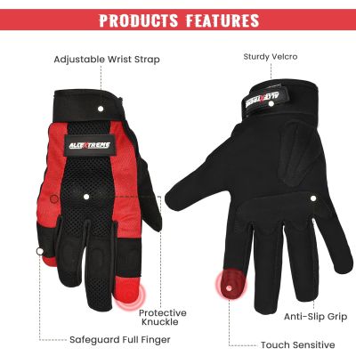 Allextreme Full Finger Bike Riding Gloves for Rider | Breathable Mesh Motorcycle Gloves with Knuckle Guard & Screen Touch Feature | Anti-Skid Grip Comfortable Riding Gear for Bikers (M, Black & Red)