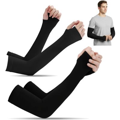 Allextreme Full Arm Sleeves with Thumb Holes for Riders UV Sun Protection 4-Way Stretch Cooling Hand Cover for Men & Women Biking Hiking Cycling Running Protective Bike Riding Gear (Black, 2 Pair)