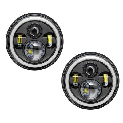 Allextreme EX7IFH2 7 Inch Round LED Headlight with Halo Angle Eyes & Hi/Low Beam Headlamp for Jeep Wrangler Harley Davidson (75W, 2 PCS)