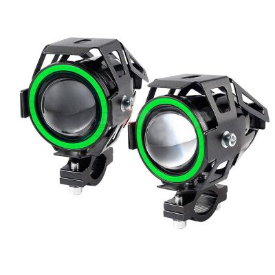 Allextreme EXGU7F2 U7 Led Fog Light Bike Driving Drl Fog Light Spotlight, High/Low Beam, Flashing-With Green Angel Eyes Light Ring (Pack Of 2),Green