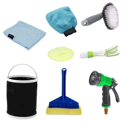 Allextreme EXFLD16 Car Cleaning Tools Kit Wash Set with Microfibre Cleaning Cloths, Wash Glove, Sponge, Squeegee, Collapsible Bucket, Water Nozzle, Window Brush, T-Type Tire Brush (8 Pcs)