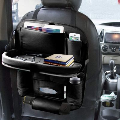 Allextreme EXFTCOB1 Universal PU Leather Auto Car Seat Back Organizer with Foldable Dining Table Tray, Multipocket Storage Tablet, Bottle and Tissue Paper Holder (Black)