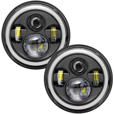 Allextreme 7 Inch Full Ring Round LED Headlight with Hi/Low Beam and Angel Eye Lamp Compatible with Royal Enfield Bullet, Harley Davidson Jeep Wrangler (Pack of 2)