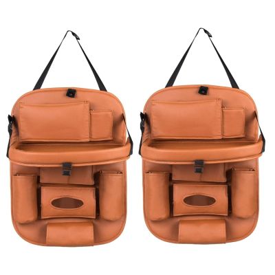 Allextreme EXFTCOT2 Universal PU Leather Auto Car Seat Back Organizer with Foldable Dining Table Tray, Multipocket Storage Tablet, Bottle and Tissue Paper Holder (Tan, 2Pcs)